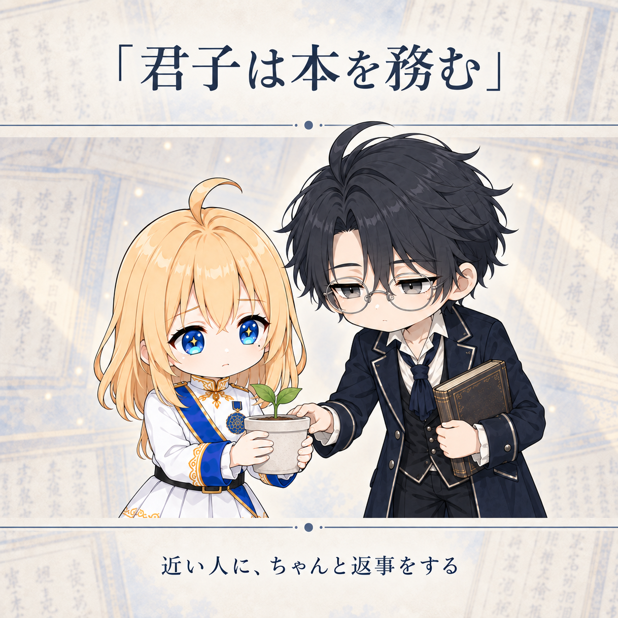淡い古書の頁を背景に、軍服姿のチビのヨハンナが小さな植木鉢の芽を両手で大事に囲い、持ち上げかけた鉢を静かに元へ戻している。横ではインクブルーの文官服を着たチビのセレヌスが、古書を抱えながら、少し傾いた鉢の縁をそっと支えている。上部に「君子は本を務む」、下部に「近い人に、ちゃんと返事をする」とある。